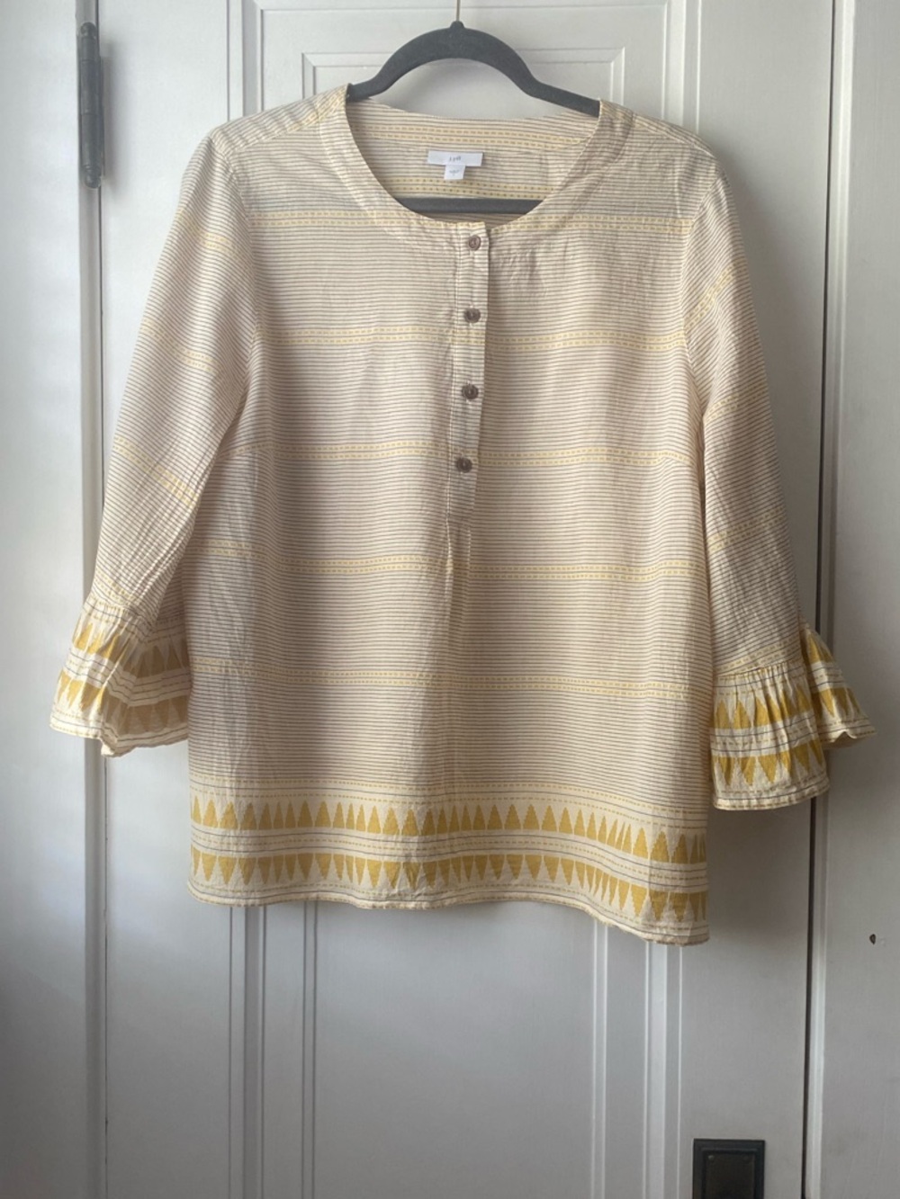 J Jill cream yellow stripe embroidered bell sleeve top blouse L